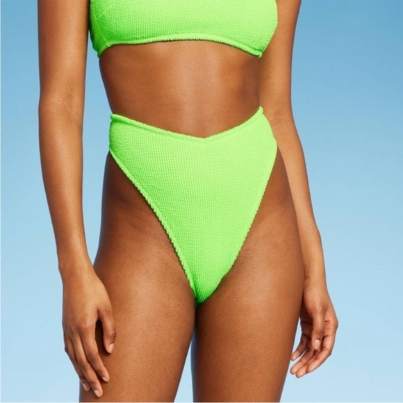 NWT V-Front High Waist Extra High Leg Cheeky Bikini Bottom - Bright Green - Picture 6 of 12